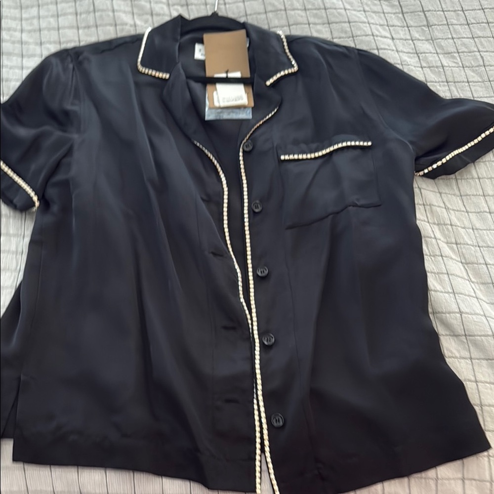 Black Satin Pajama Top with White Trim